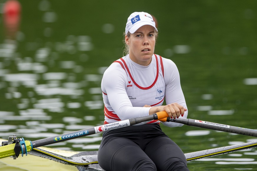 Jeanine Gmelin from Switzerland at the Women&#039;s single sculls race at the Rowing World Cup on Lake Rotsee in Lucerne, Switzerland, Friday, May 21, 2021. (KEYSTONE/Urs Flueeler)