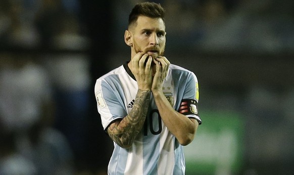 Argentina&#039;s Lionel Messi reacts during a World Cup qualifying soccer match against Peru at La Bombonera stadium in Buenos Aires, Argentina, Thursday, Oct. 5, 2017. Argentina tied the match 0-0 an ...
