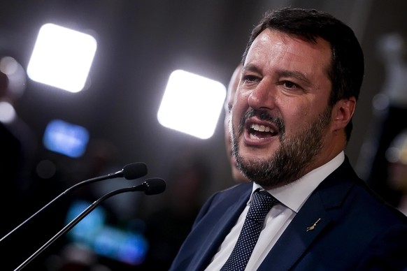 epa07799749 Italian Deputy Prime Minister, Interior Minister and Lega party&#039;s leader Matteo Salvini, addresses the media after a meeting with Italian President Mattarella in Rome, Italy, 28 Augus ...