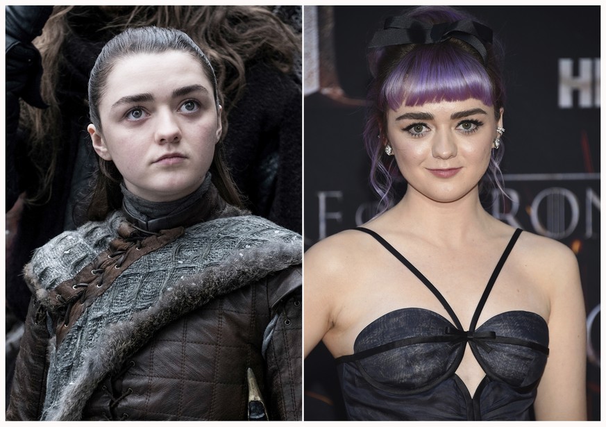 This combination photo shows Maisie Williams at HBO&#039;s &quot;Game of Thrones&quot; final season premiere in New York on April 3, 2019, right, and her character Arya Stark. (Photos by HBO, left, an ...