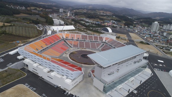 epa06272745 A photograph taken with a drone shows the venue of the Pyeongchang Winter Olympics&#039; Opening and Closing ceremony, in the mountainous eastern city of Pyeongchang, South Korea, 18 Octob ...