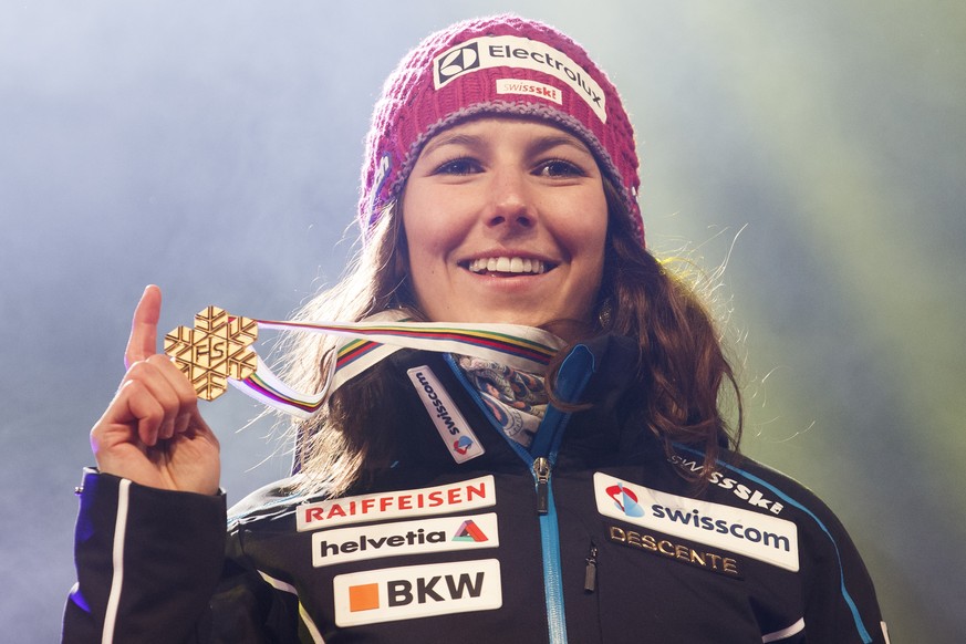Gold medalist Wendy Holdener of Switzerland reacts during the women alpine combined winner’s presentation at the 2017 FIS Alpine Skiing World Championships in St. Moritz, Switzerland, Friday, February ...