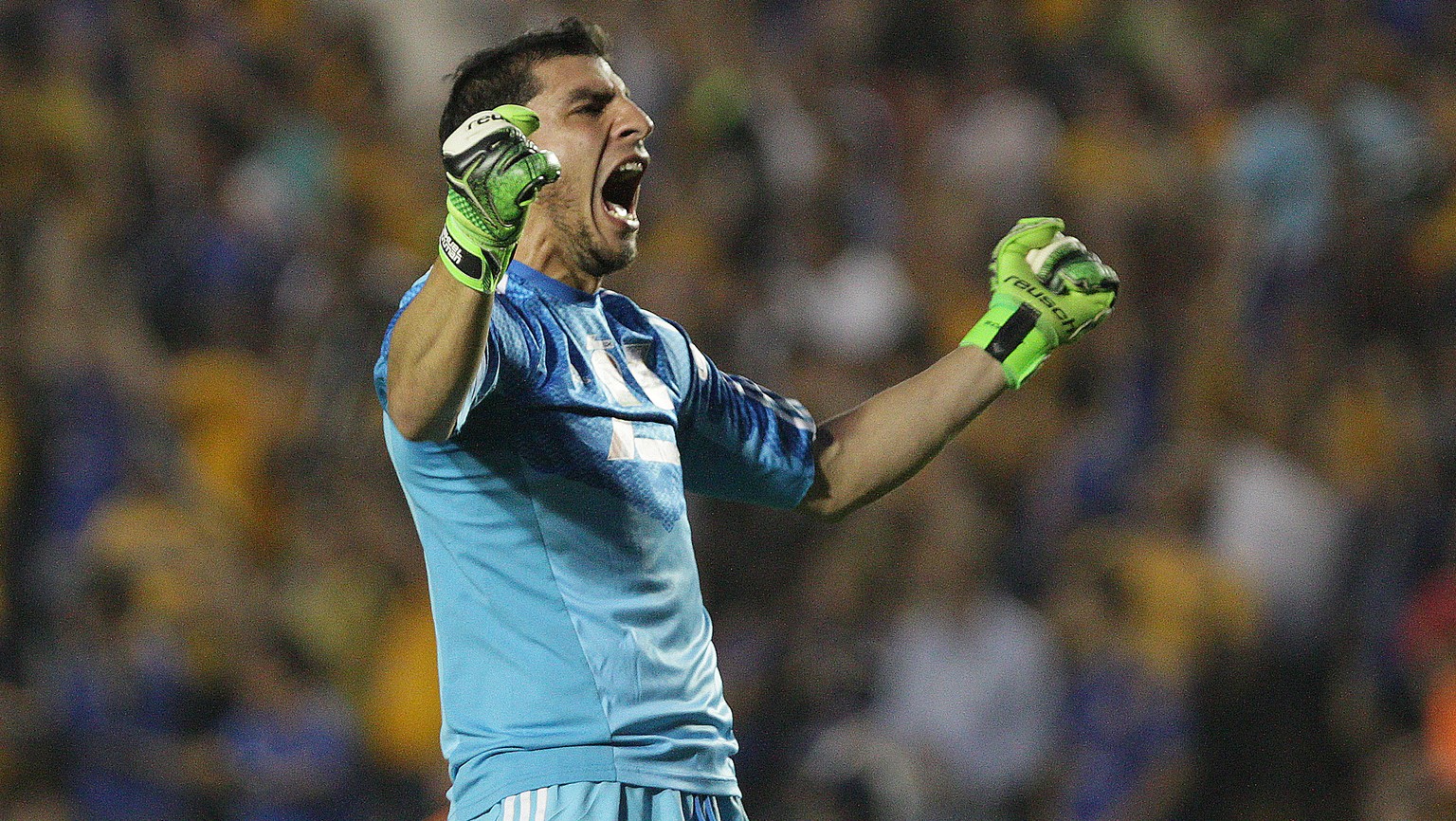 Goalie Nahuel Guzman, of Mexico&#039;s Tigres celebrates after his team scored against Argentina&#039;s River Plate during a Copa Libertadores soccer match in Monterrey, Mexico, Wednesday, April 8, 20 ...