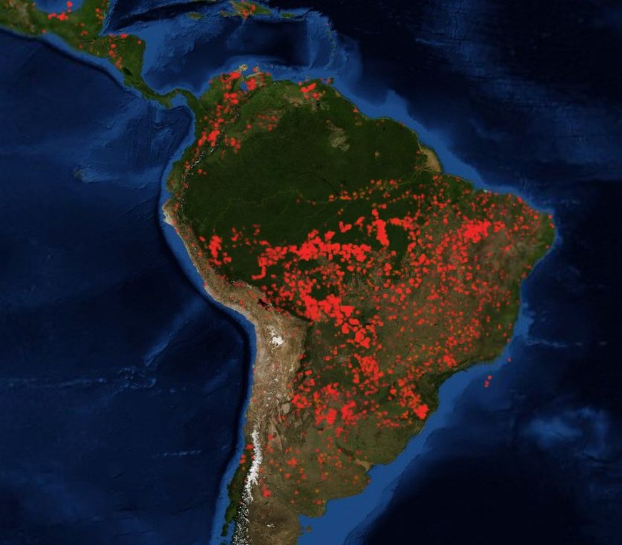 Karte: Waldbrände in Brasilien, 23. August 2019
https://firms.modaps.eosdis.nasa.gov/map/#z:4;c:-40.9,-17.4;d:2019-08-21..2019-08-23