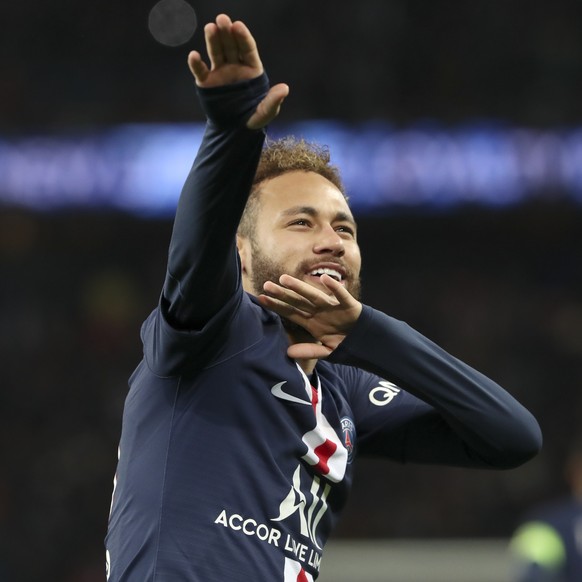 PSG&#039;s Neymar celebrates after scoring his side&#039;s second goal during the League One soccer match between Paris Saint Germain and Amiens, at the Parc des Princes stadium in Paris, Saturday, De ...