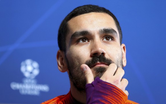 Manchester City&#039;s Ilkay Gundogan looks on during a media presentation at the City Football Academy in Manchester, England, Monday March 11, 2019. Man City face Schalke 04 in their Champions Leagu ...