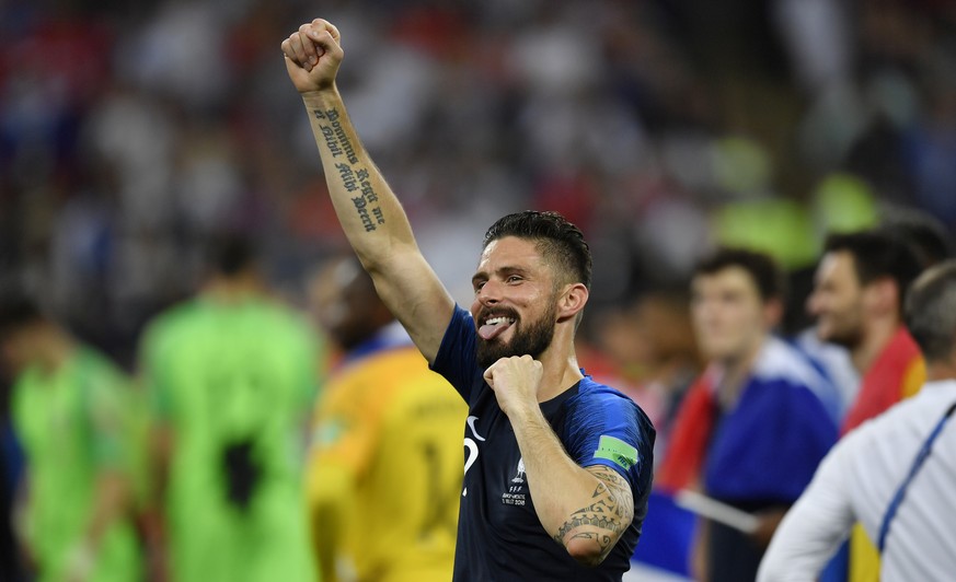 France&#039;s Olivier Giroud celebrates after his team won 4-2 during the final match between France and Croatia at the 2018 soccer World Cup in the Luzhniki Stadium in Moscow, Russia, Sunday, July 15 ...