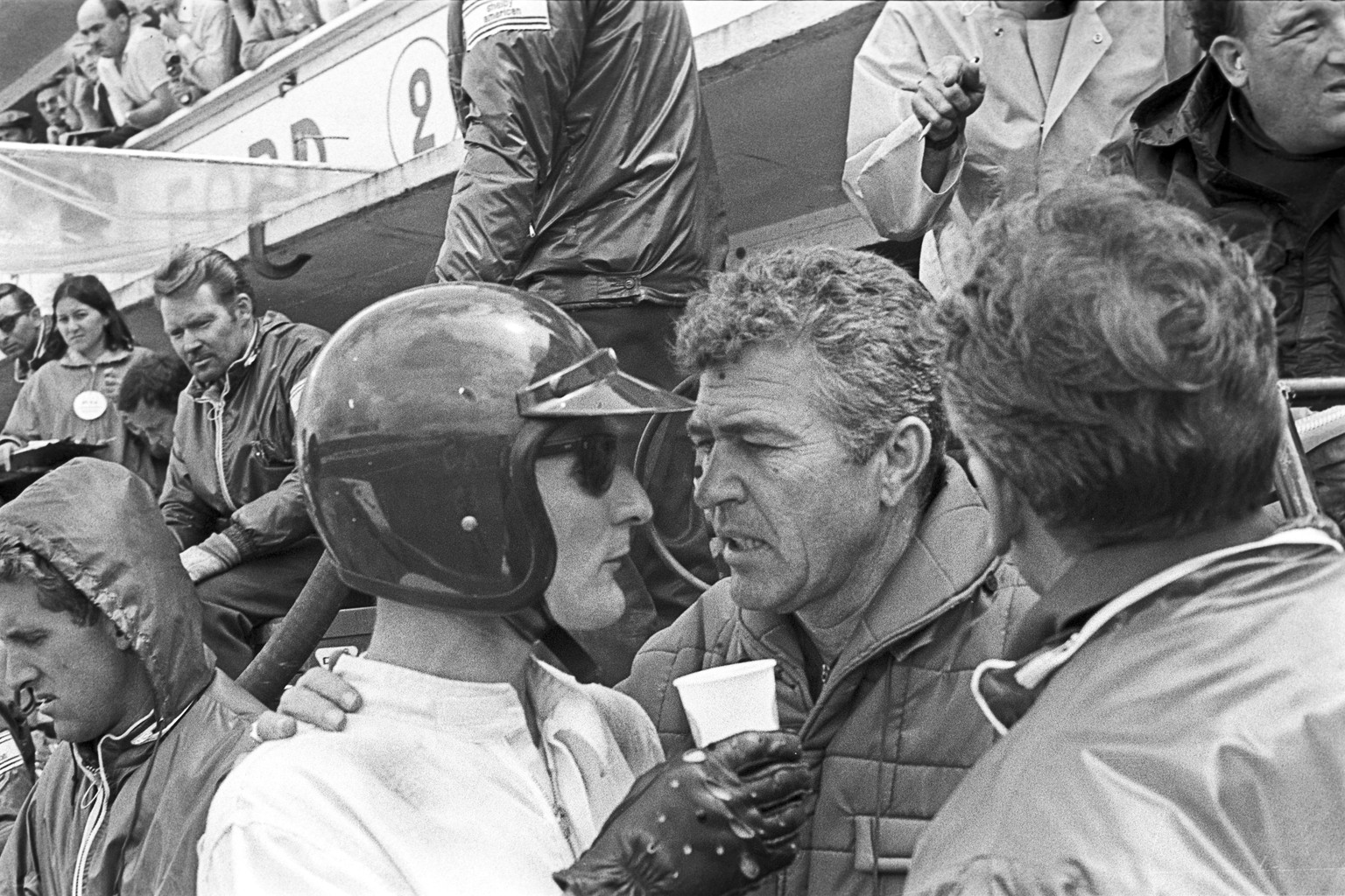 Ken Miles, Carroll Shelby, 24 Hours of Le Mans, Le Mans, 19 June 1966. Ken Miles with Carroll Shelby during the 1966 24 Hours of Le Mans. (Photo by Bernard Cahier/Getty Images)