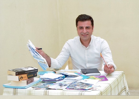 In this undated file handout photo, made available on Friday, June 8, 2018 by the pro-Kurdish Peoples&#039; Democratic Party, (HDP) former co-leader Selahattin Demirtas, poses for a photo, in prison i ...