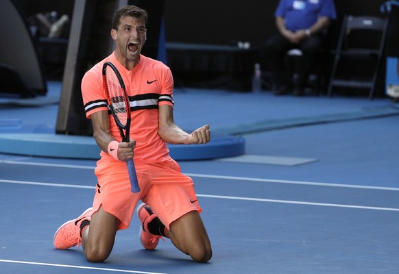 Bulgaria&#039;s Grigor Dimitrov celebrates after defeating Russia&#039;s Andrey Rublev in their third round match at the Australian Open tennis championships in Melbourne, Australia, Friday, Jan. 19,  ...