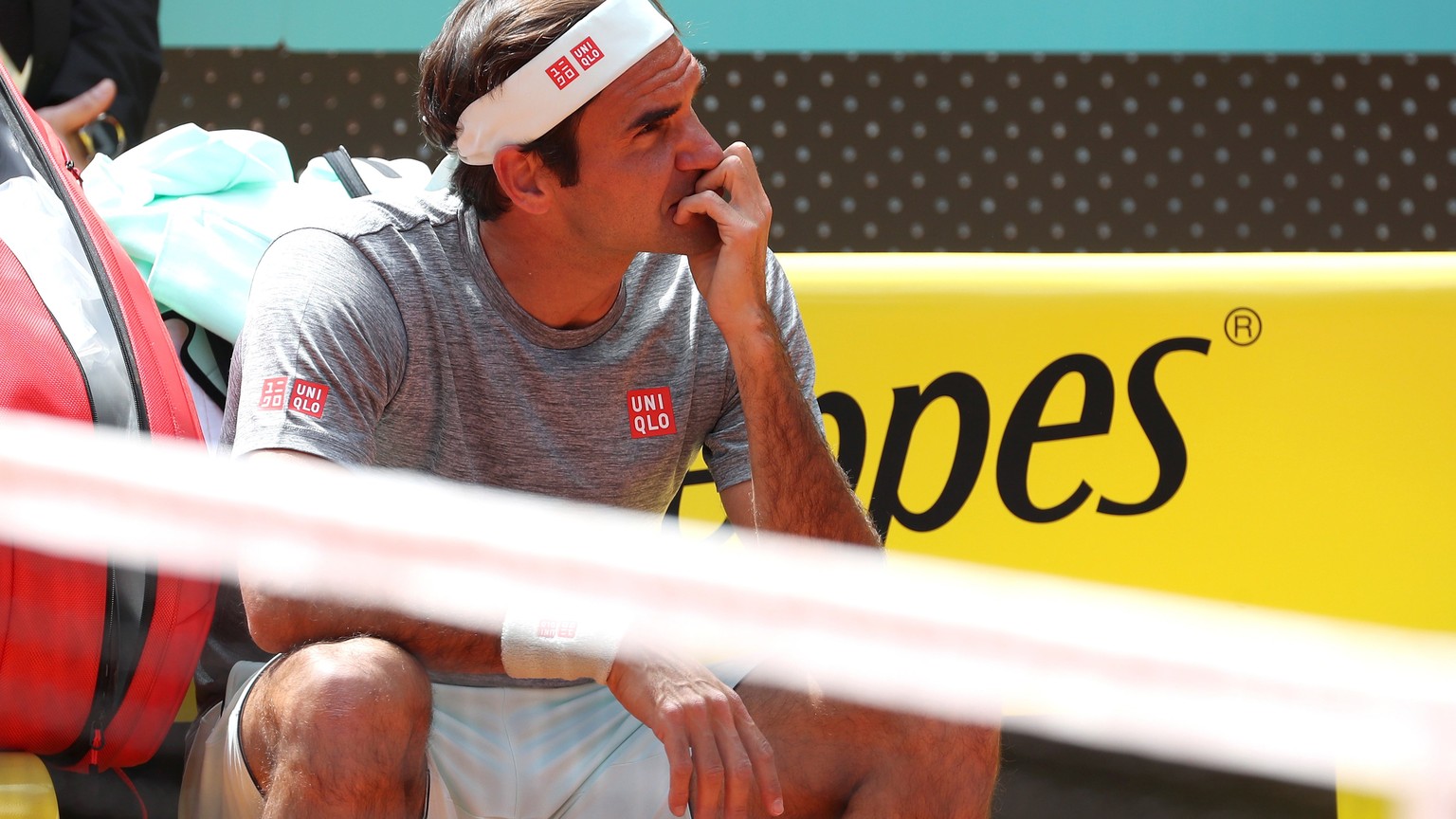 epa07544701 Roger Federer of Switzerland reacts during a training session before the Mutua Madrid Open 2019 tennis tournament at Caja Magica in Madrid, Spain, 03 May 2019. Mutua Madrid Open 2019 will  ...