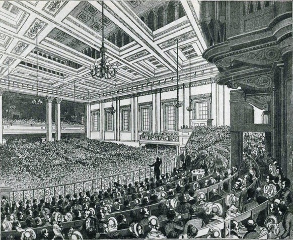Die Versammlung der Anti-Corn Law League&nbsp;in der Exeter Hall in London 1846, welche die Abschaffung der Getreidezölle herbeigeführte.