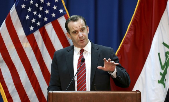 Brett McGurk, the U.S. envoy for the global coalition against IS, speaks during a press conference at the U.S. Embassy Baghdad, Iraq, Wednesday, June 7, 2017. McGurk says the fight for Raqqa, the Isla ...
