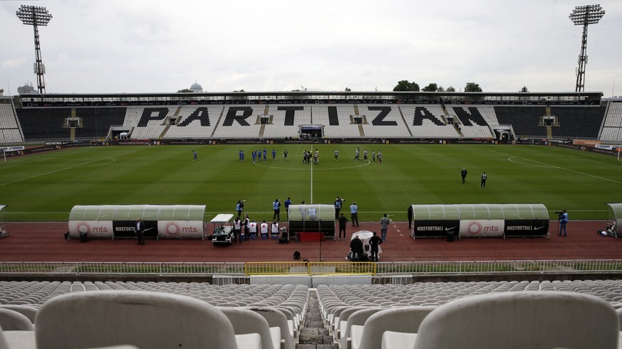 epa08454653 Empty stands before the Serbian SuperLiga soccer match between FK Partizan and Mladost Lucani, in Belgrade, Serbia, 30 May 2020. The Serbian SuperLiga resumes without spectators after a su ...