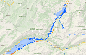 Die ungefähre Strecke der heutigen Etappe von Iseltwald zur Älggialp, dem Mittelpunkt der Schweiz.