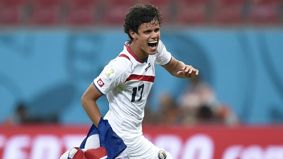 Costa Rica&#039;s Yeltsin Tejeda celebrates after Costa Rica defeated Greece 5-3 in penalty shootouts after a 1-1 tie during the World Cup round of 16 soccer match between Costa Rica and Greece at the ...