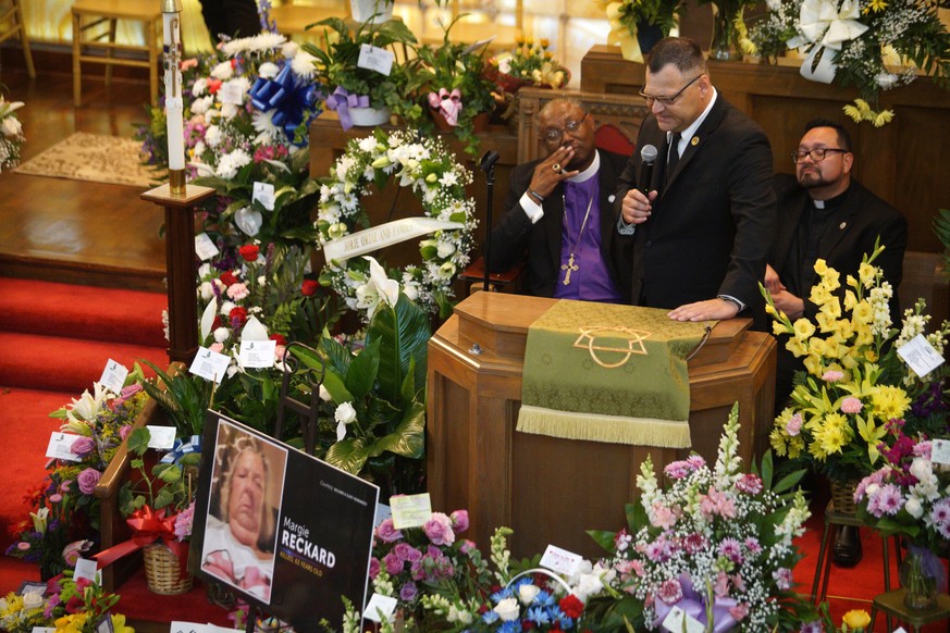 Dean Reckard, son of Margie Reckard, speaks about his mother&#039;s life during her funeral at La Paz Faith Memorial &amp; Spiritual Center, Friday, Aug. 16, 2019, in El Paso, Texas. Reckard was kille ...