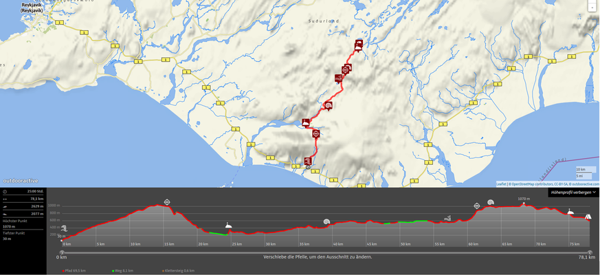 Der Laugavegur-Trail: 78,1 km und 2629 Höhenmeter von Skógar nach Landmannalaugar. Die beste Wegbeschreibung ist auf outdooractive.com zu finden.