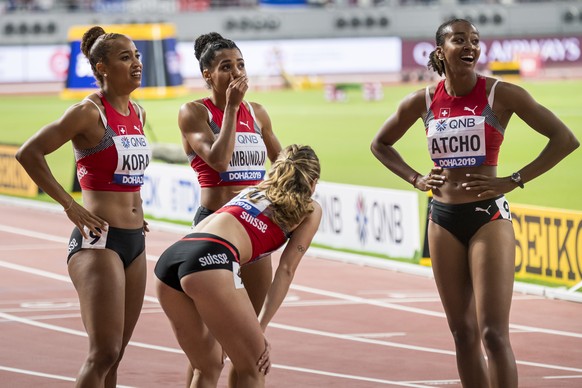 From left to right, Salome Kora, Mujinga Kambundji, Ajla Del Ponte, Sarah Atcho from Switzerland react during the women&#039;s 4x100 meters relay final at the IAAF World Athletics Championships, at th ...