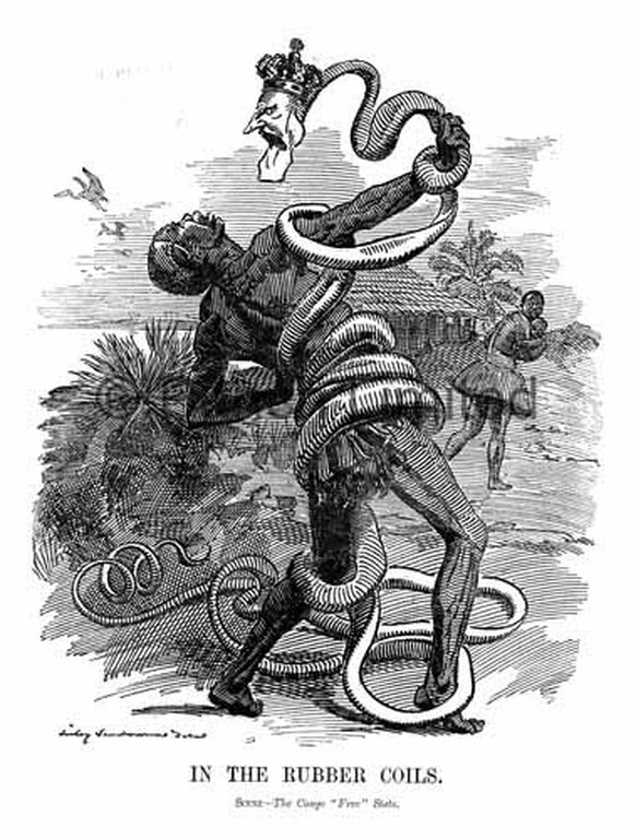 Karikatur im britischen Satireblatt Punch: Der Kongo im Würgegriff der Kautschukliane König Leopold II. (1906)