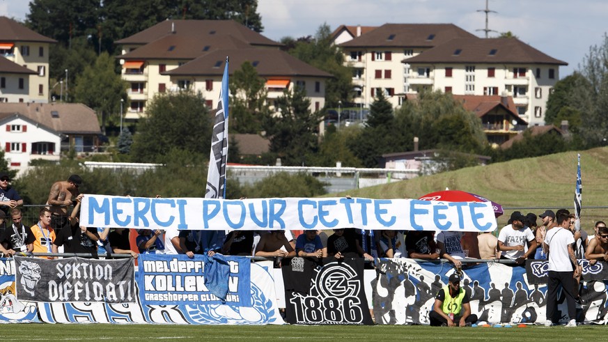 Grasshopper&#039;s supporters hold a banner writing &quot;Merci pour cette fete&quot; (english: Thank your for this party), during the Swiss Cup Round of 64 between CS Romontois and Grasshopper Club Z ...