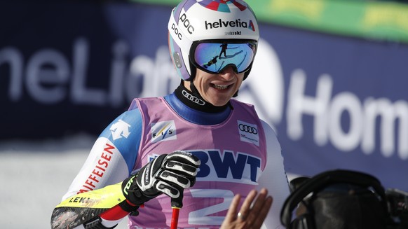 Switzerland&#039;s Marco Odermatt reacts after finishing a Men&#039;s World Cup super-G skiing race Friday, Dec. 6, 2019, in Beaver Creek, Colo. (AP Photo/John Locher)