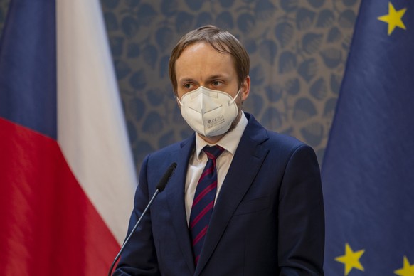 epa09152629 Czech Foreign Minister Jakub Kulhanek addresses a joint press conference, in Prague, Czech Republic, 22 April 2021. After no answer to the ultimatum of Foreign Minister Kulhanek on 21 Apri ...