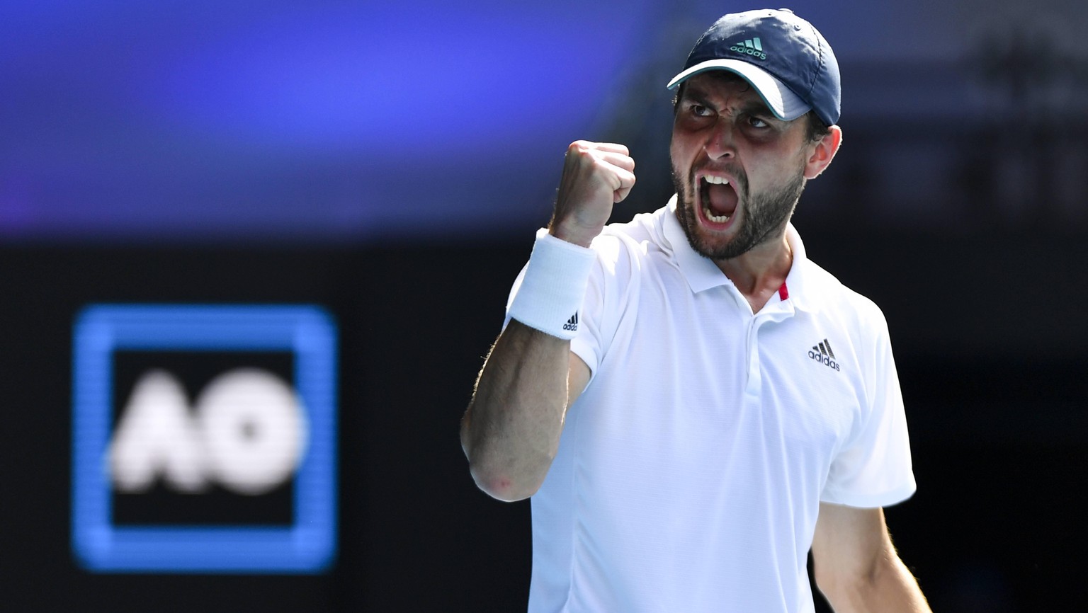 TENNIS AUSTRALIAN OPEN, Aslan Karatsev of Russia reacts during his Quarterfinals Men s singles match against Grigor Dimitrov of Bulgaria on Day 9 of the Australian Open at Melbourne Park in Melbourne, ...