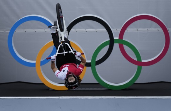 Nikita Ducarroz of Switzerland makes a jump in the women&#039;s BMX Freestyle seeding at the 2020 Summer Olympics, Saturday, July 31, 2021, in Tokyo, Japan. (AP Photo/Ben Curtis)