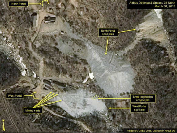 This satellite image released and notated by Airbus Defense &amp; Space and 38 North on March 30, 2018, shows the Punggye-ri nuclear test site in North Korea. North Korea said Saturday, May 12, 2018 t ...