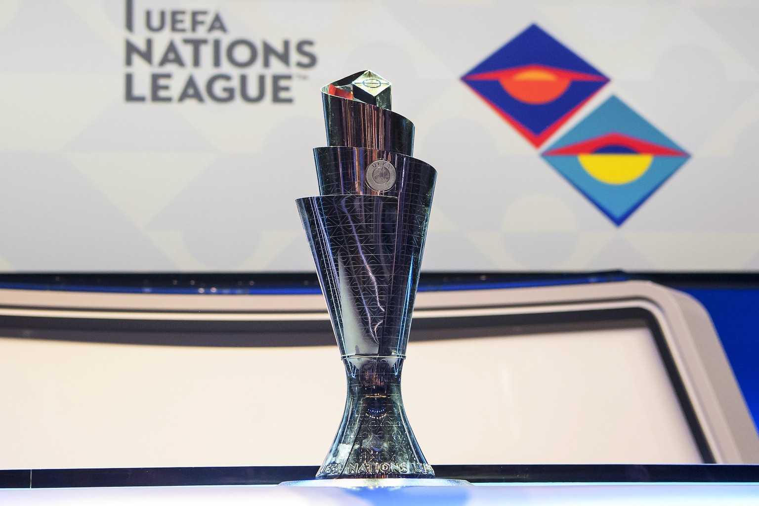 epa06470393 The UEFA Nations League trophy on display during the UEFA Nations League draw at the SwissTech Convention Center in Lausanne, Switzerland, 24 January 2018. EPA/JEAN-CHRISTOPHE BOTT
