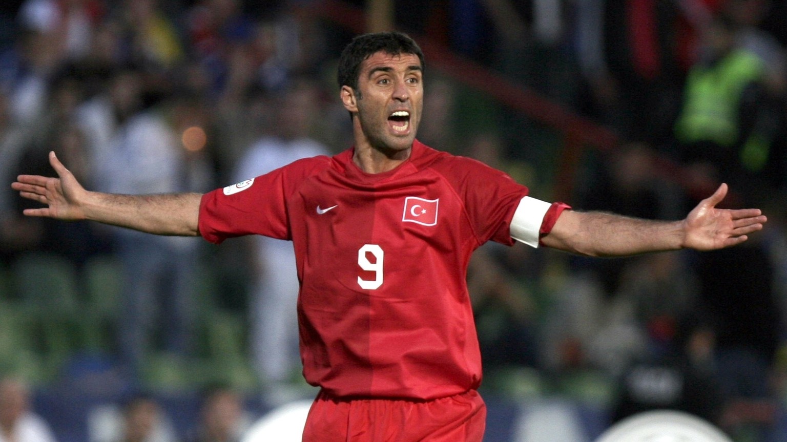 FILE - In this Saturday, June 2, 2007, file photo Turkey&#039;s Hakan Sukur reacts during the Group C Euro 2008 qualifying soccer match against Bosnia at the Olympic stadium in Sarajevo. Turkey&#039;s ...