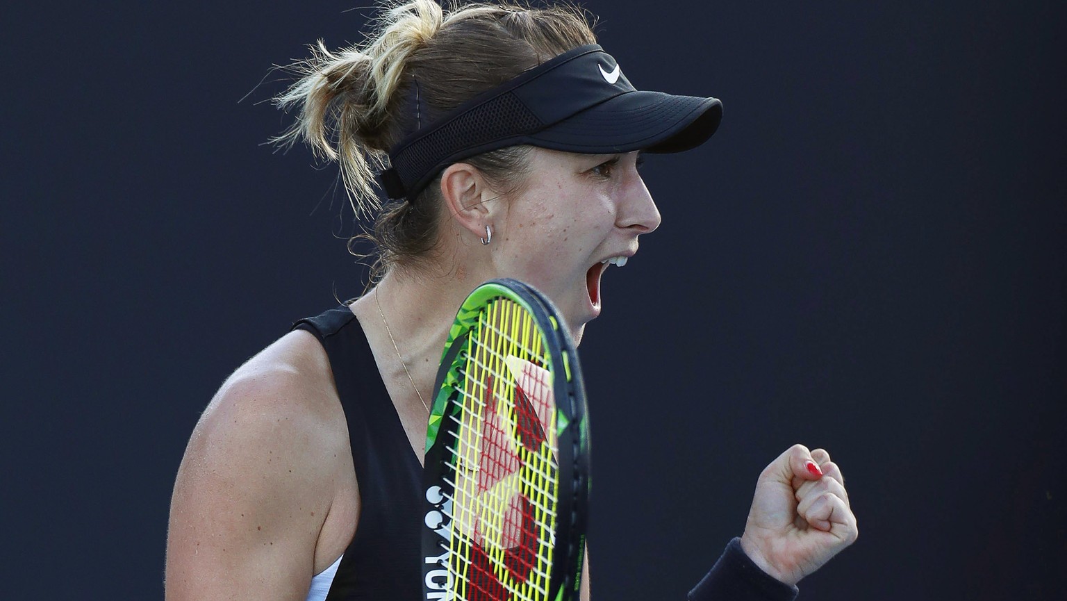 epa07282123 Belinda Bencic of Switzerland celebrates after winning her women&#039;s singles first round match against Katerina Siniakova of the Czech Republic at the Australian Open Grand Slam tennis  ...