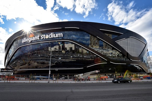 March 17, 2020 - Las Vegas, Nevada, U.S. - The newly installed sign at Allegiant Stadium is shown as construction continues at the $1.8 billion, glass-domed future home of the Las Vegas Raiders on Mar ...