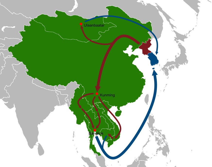 Karte: Fluchtrouten aus Nordkorea