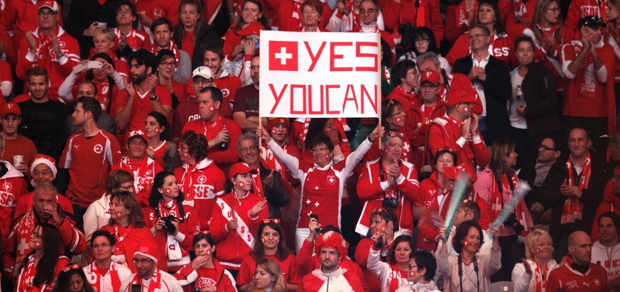 Swiss tennis fans fill the Pierre Mauroy stadium before the Davis Cup final in Lille, northern France, Friday, Nov.21, 2014. Switzerland is seeking a first victory in the team competition while France ...