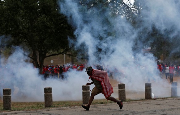 A protestor runs for cover as police officers fire stun grenades during a march to call for the removal of President Jacob Zuma outside the Union Buildings in Pretoria, South Africa, November 2, 2016. ...