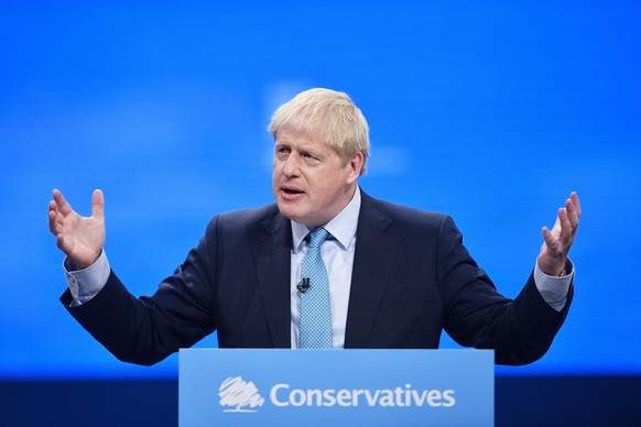 epa07888600 Britain&#039;s Prime Minister Boris Johnson delivers his keynote speech at the Conservative Party Conference in Manchester, Britain, 02 October 2019. The Conservative Party Conference runs ...