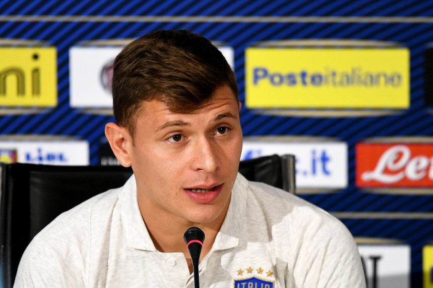 epa07624664 Italian national soccer team forward Nicolo Barella speaks during a press conference at Coverciano Sport Center in Florence, Italy, 04 June 2019. Italy will face Greece in their UEFA EURO  ...