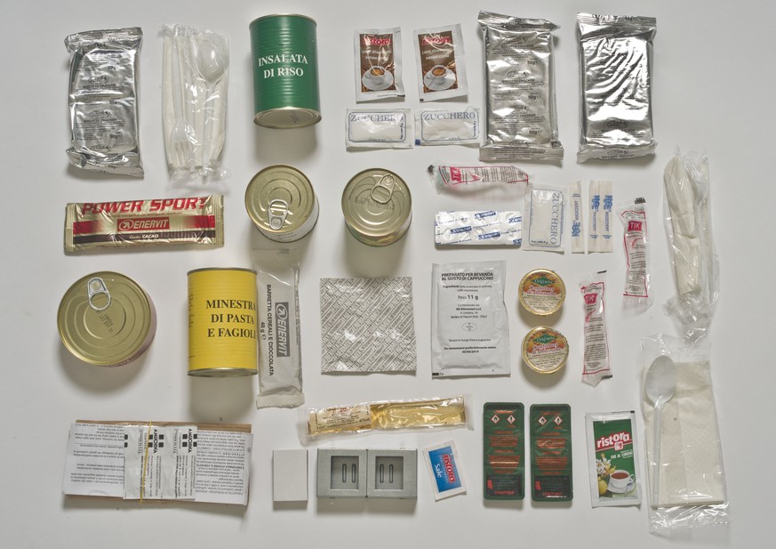 Copyright Sarah Lee - Ration packs and thier contents for G2. Italy