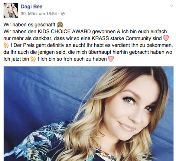 «Kid's Choice Award»: Dagi Bee bedankt sich schön artig bei ihren Fans.
