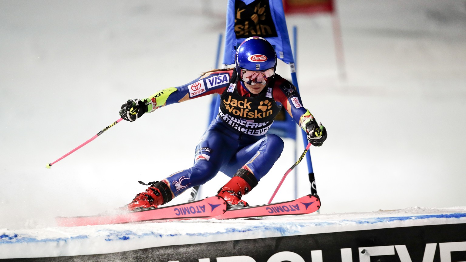 United States&#039; Mikaela Shiffrin competes during an alpine ski, women&#039;s World Cup parallel slalom in Courchevel, France, Wednesday, Dec. 20, 2017. (AP Photo/Gabriele Facciotti)