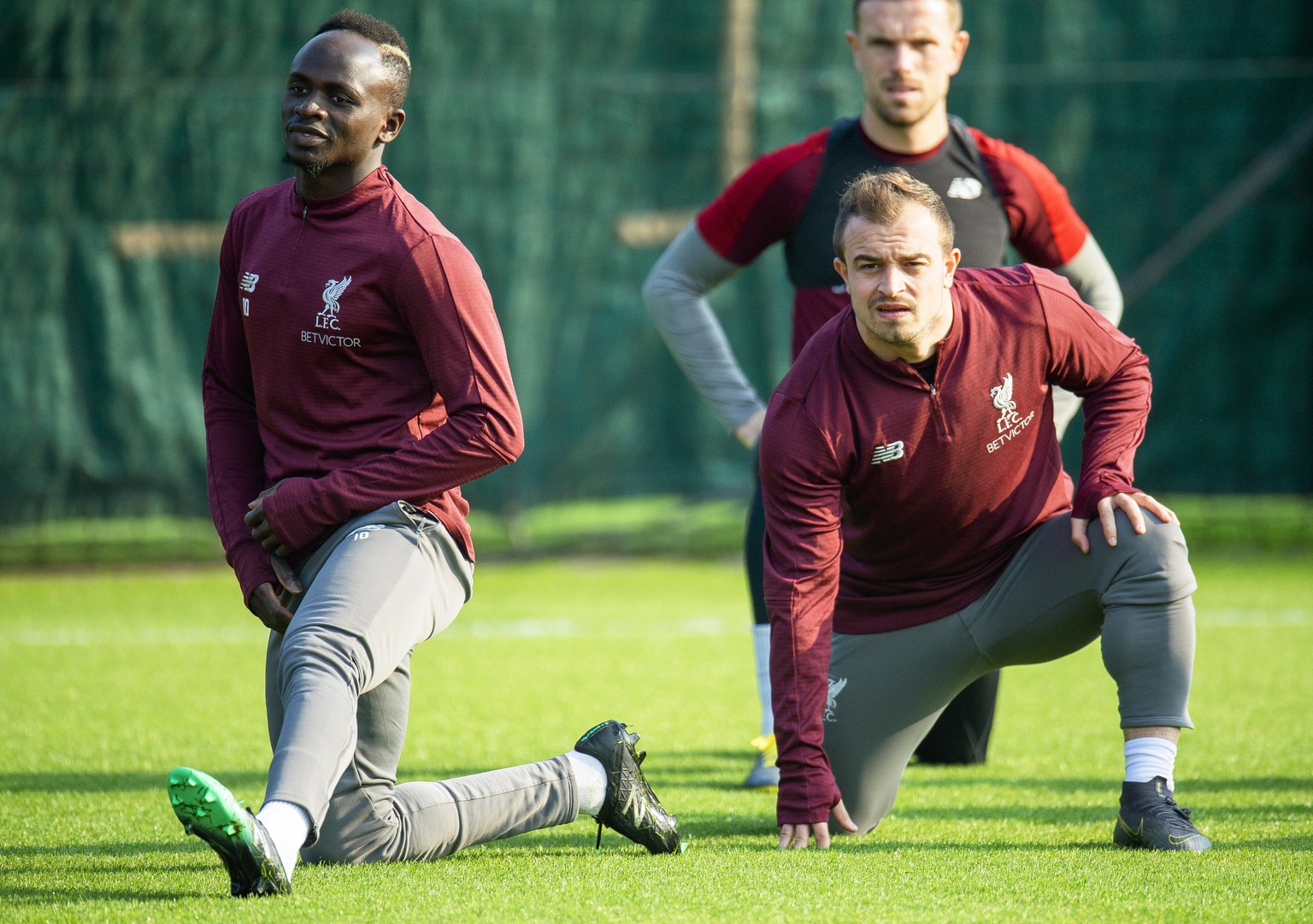 epa07492434 Liverpool players Sadio Mane (L) and Xherdan Shaqiri (R) attend their team&#039;s training session at Melwood in Liverpool, Britain, 08 April 2019. Liverpool FC will face FC Porto in their ...