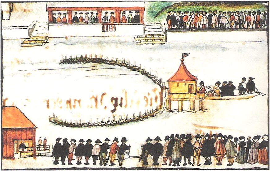 Felix Manz wird in der Limmat ertränkt. Darstellung aus dem 17. Jahrhundert.