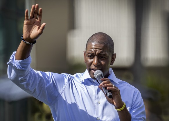epa07119330 Tallahassee Mayor Andrew Gillum speaks during his rally at Florida International University in Miami, Florida, USA, 25 October 2018. Mayor Gillum runs for Governor of the State of Florida. ...