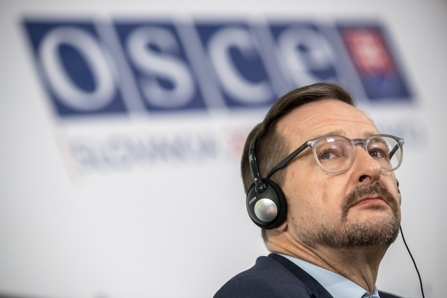epa08049130 Secretary General of the Organization for Security and Co-operation in Europe (OSCE) Thomas Greminger attends a press conference during the 26th OSCE Ministerial Council in Bratislava, Slo ...