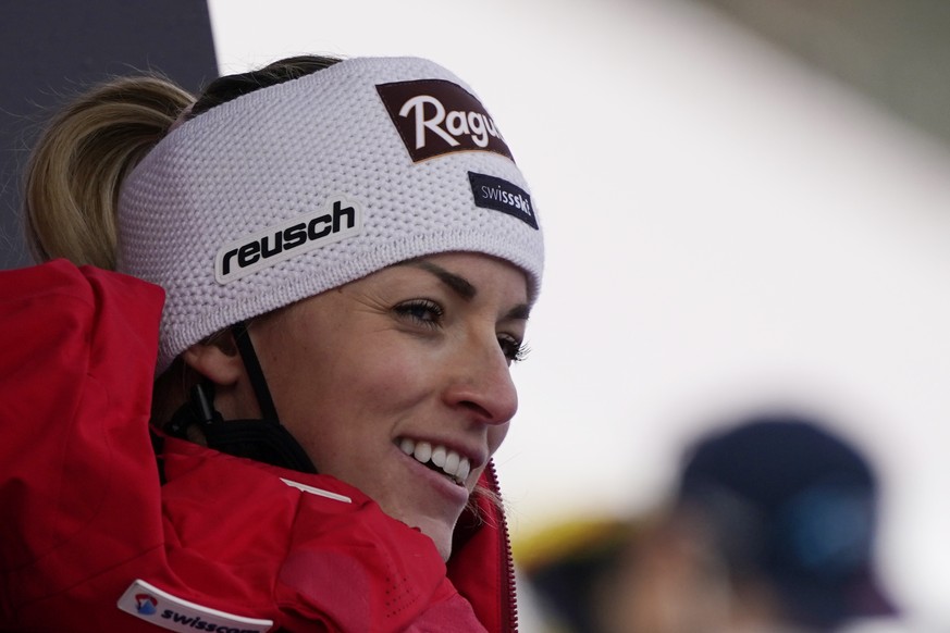 Switzerland&#039;s Lara Gut-Behrami reacts after completing an alpine ski, women&#039;s World Cup super-G race in Garmisch-Partenkirchen, Germany, Saturday, Jan. 30, 2021. (AP Photo/Giovanni Auletta)