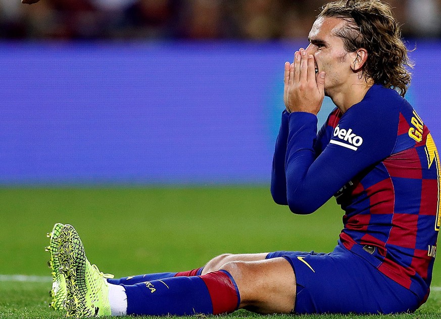 epa07867390 FC Barcelona&#039;s French forward reacts during the Spanish LaLiga match between FC Barcelona and Villarreal CF played at Camp Nou stadium in Barcelona, Catalonia, Spain, 24 September 201 ...