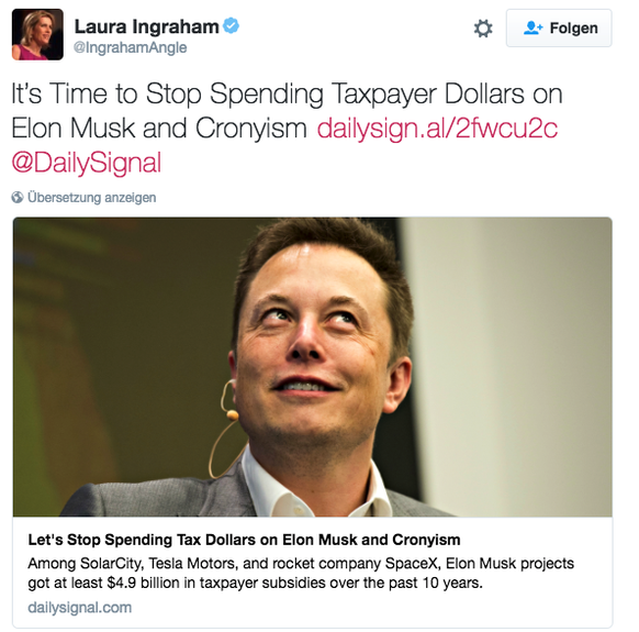 Ingrahams Tweet gegen Musk.