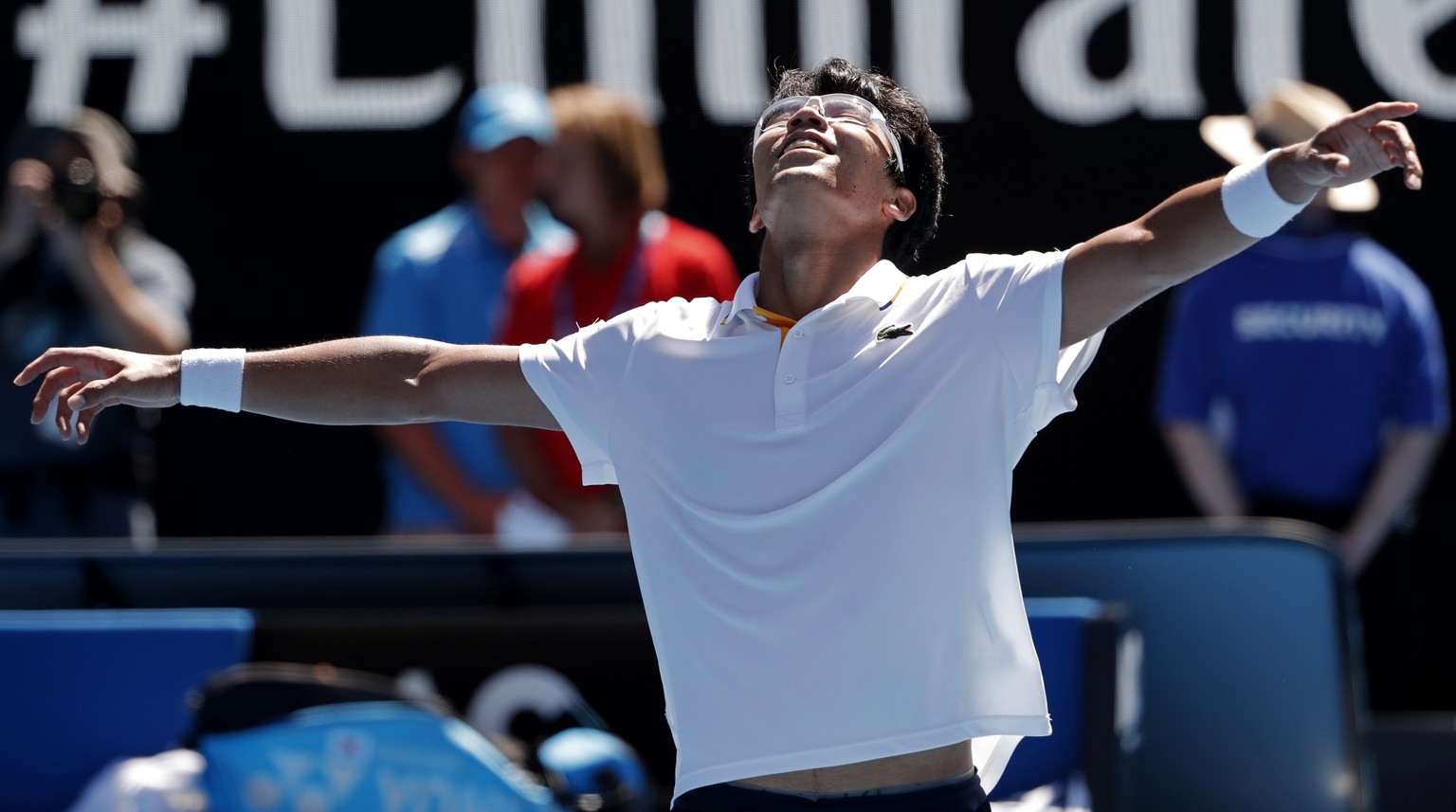 South Korea&#039;s Chung Hyeon celebrates after defeating United States&#039; Tennys Sandgren in their quarterfinal at the Australian Open tennis championships in Melbourne, Australia, Wednesday, Jan. ...